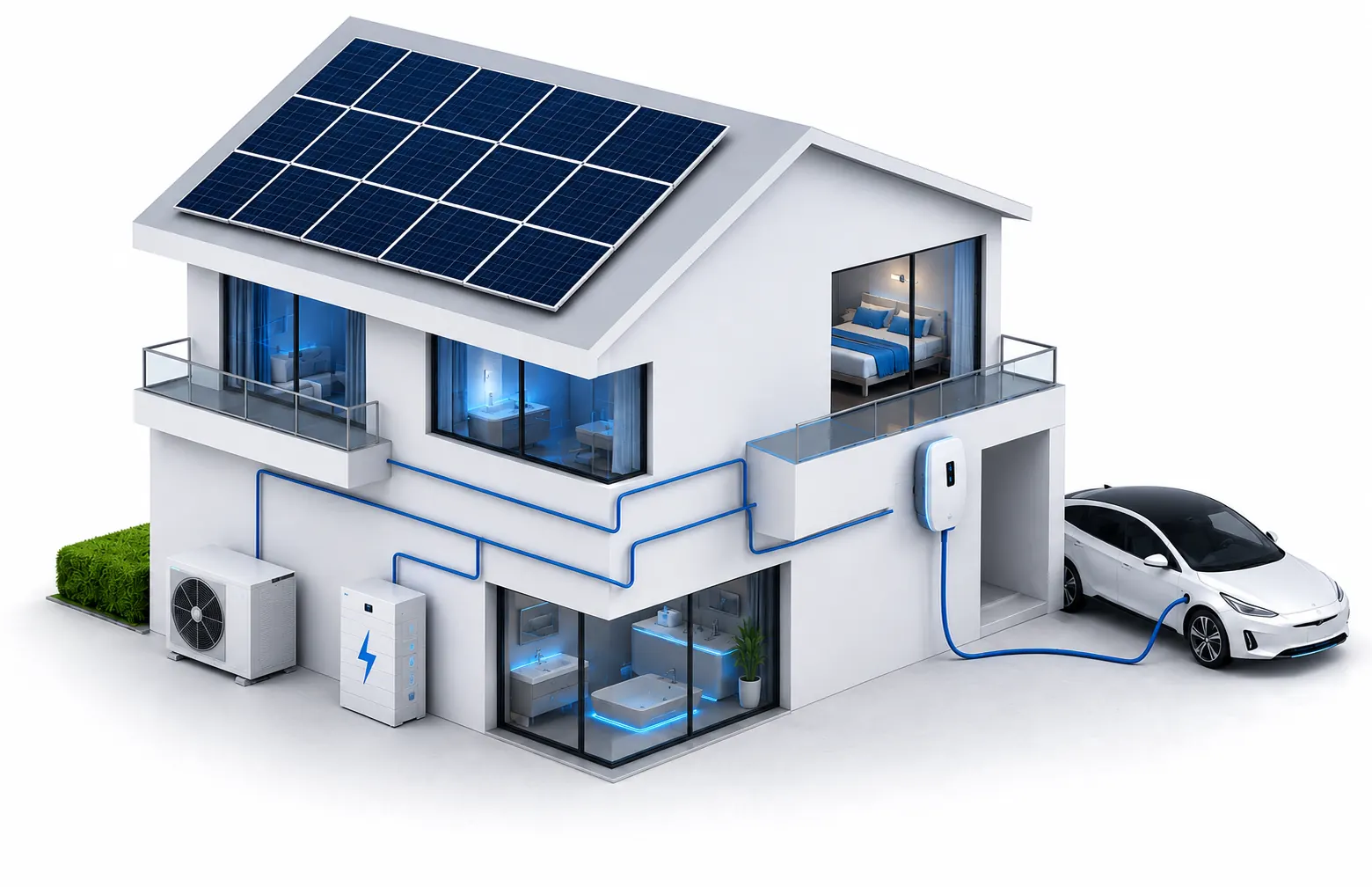 3D weergave van een moderne woning met zonnepanelen, warmtepomp, batterij en laadpaal